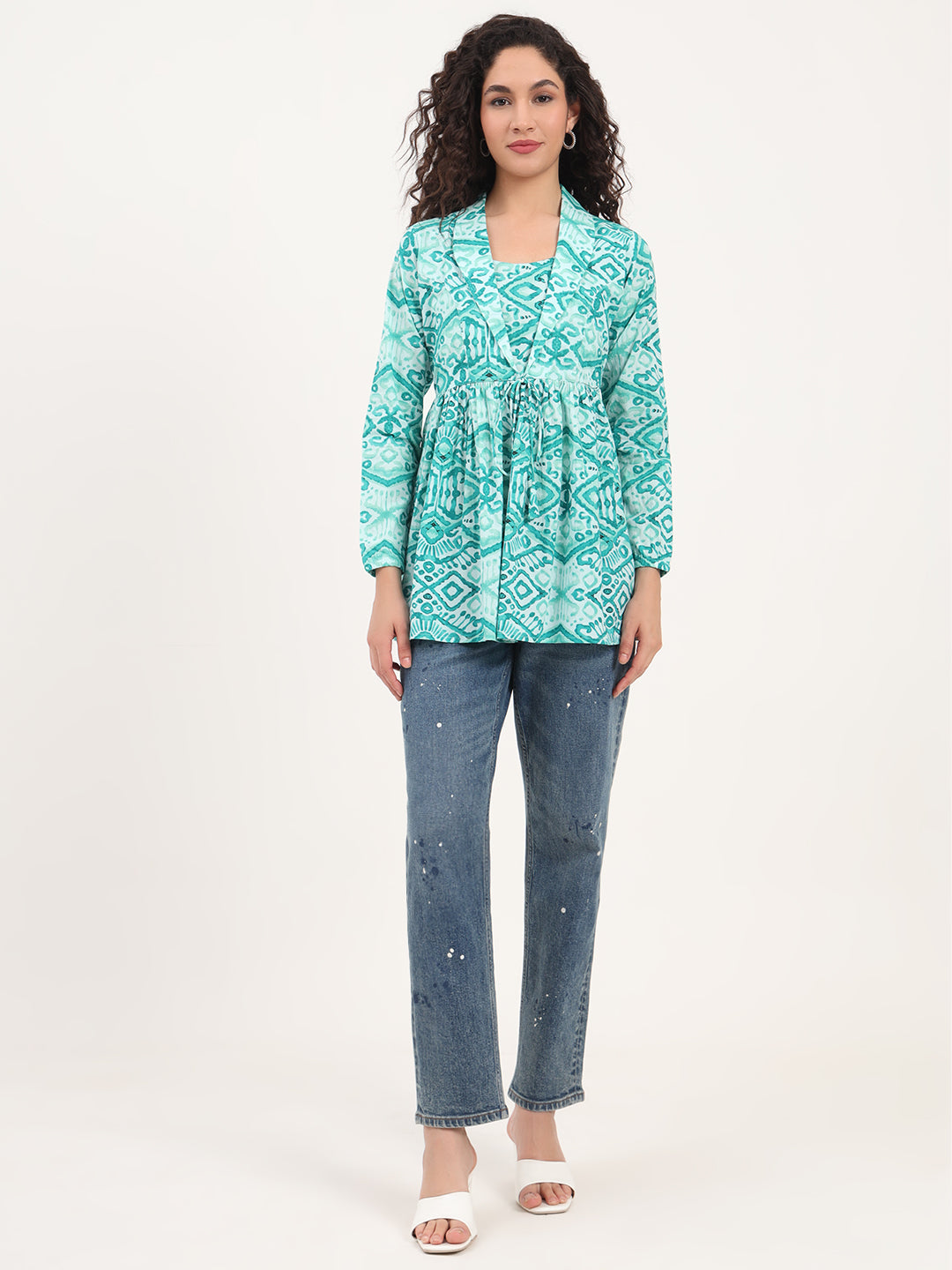 Teal Green Floral Cotton Fabric Lepal Coller Peplum Top