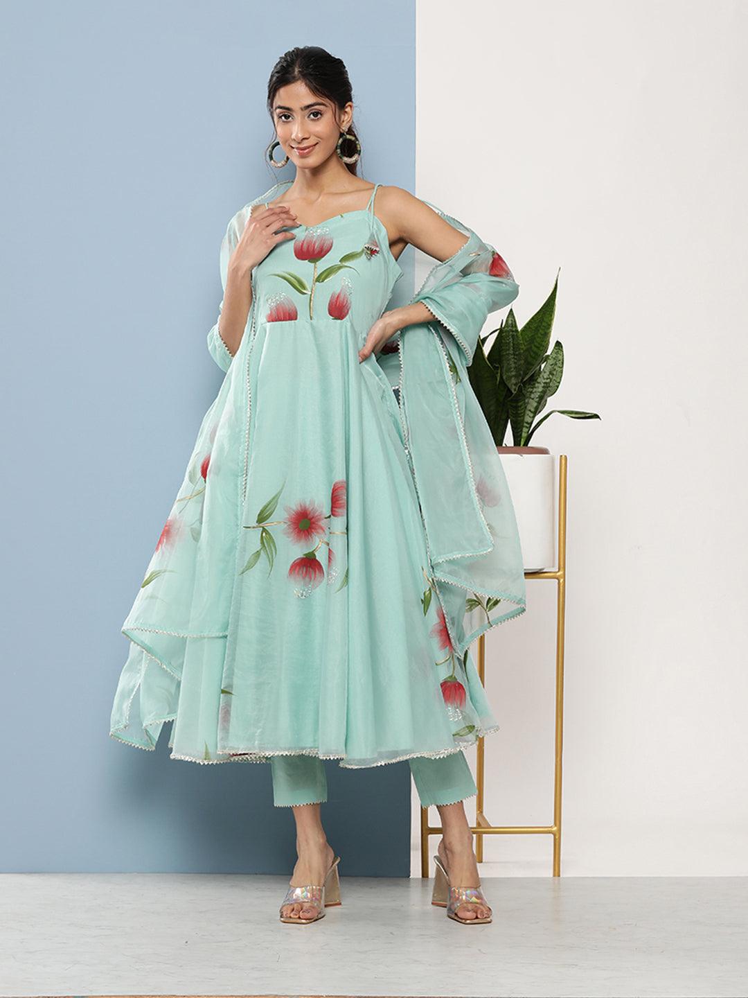 Jamal Jamaloo Sky Blue Hand Painted Floral Organza Anarkali Kurta Pant Set with Dupatta - Jamal Jamaloo
