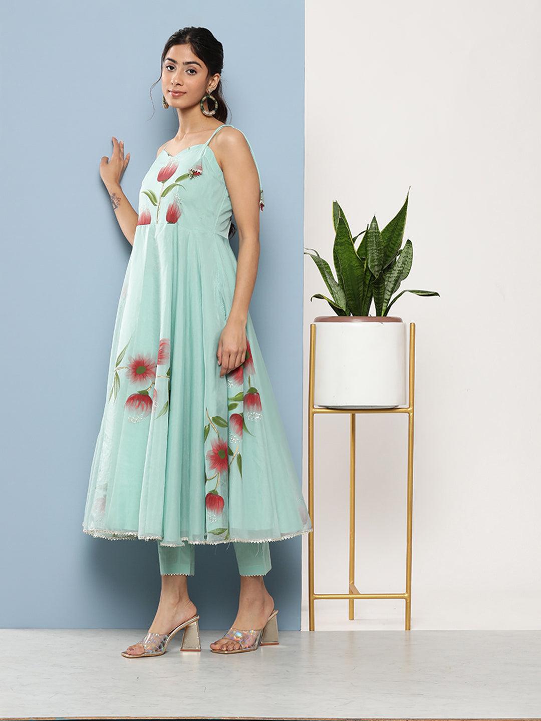Jamal Jamaloo Sky Blue Hand Painted Floral Organza Anarkali Kurta Pant Set with Dupatta - Jamal Jamaloo
