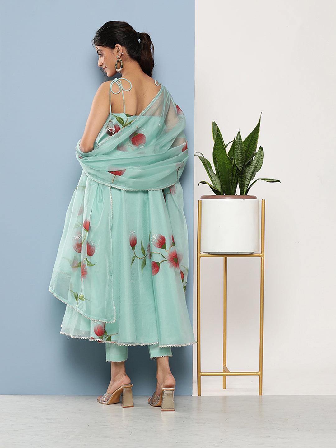 Jamal Jamaloo Sky Blue Hand Painted Floral Organza Anarkali Kurta Pant Set with Dupatta - Jamal Jamaloo
