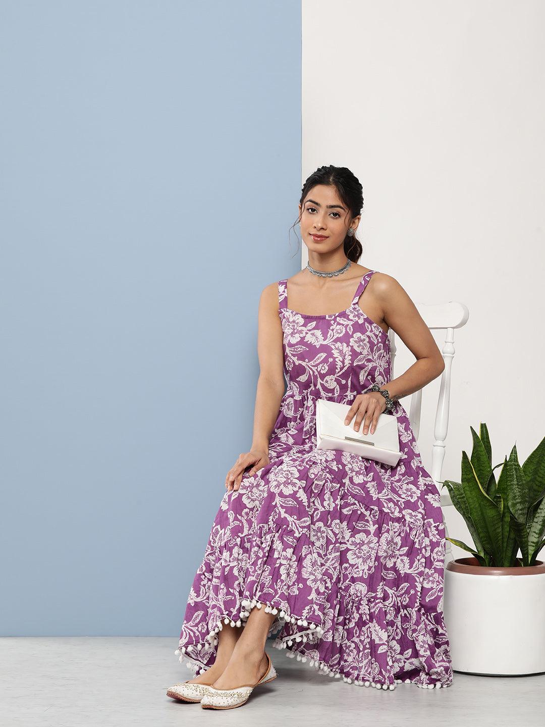 Jamal Jamaloo Purple Floral Shoulder Strip Long Dress - Jamal Jamaloo