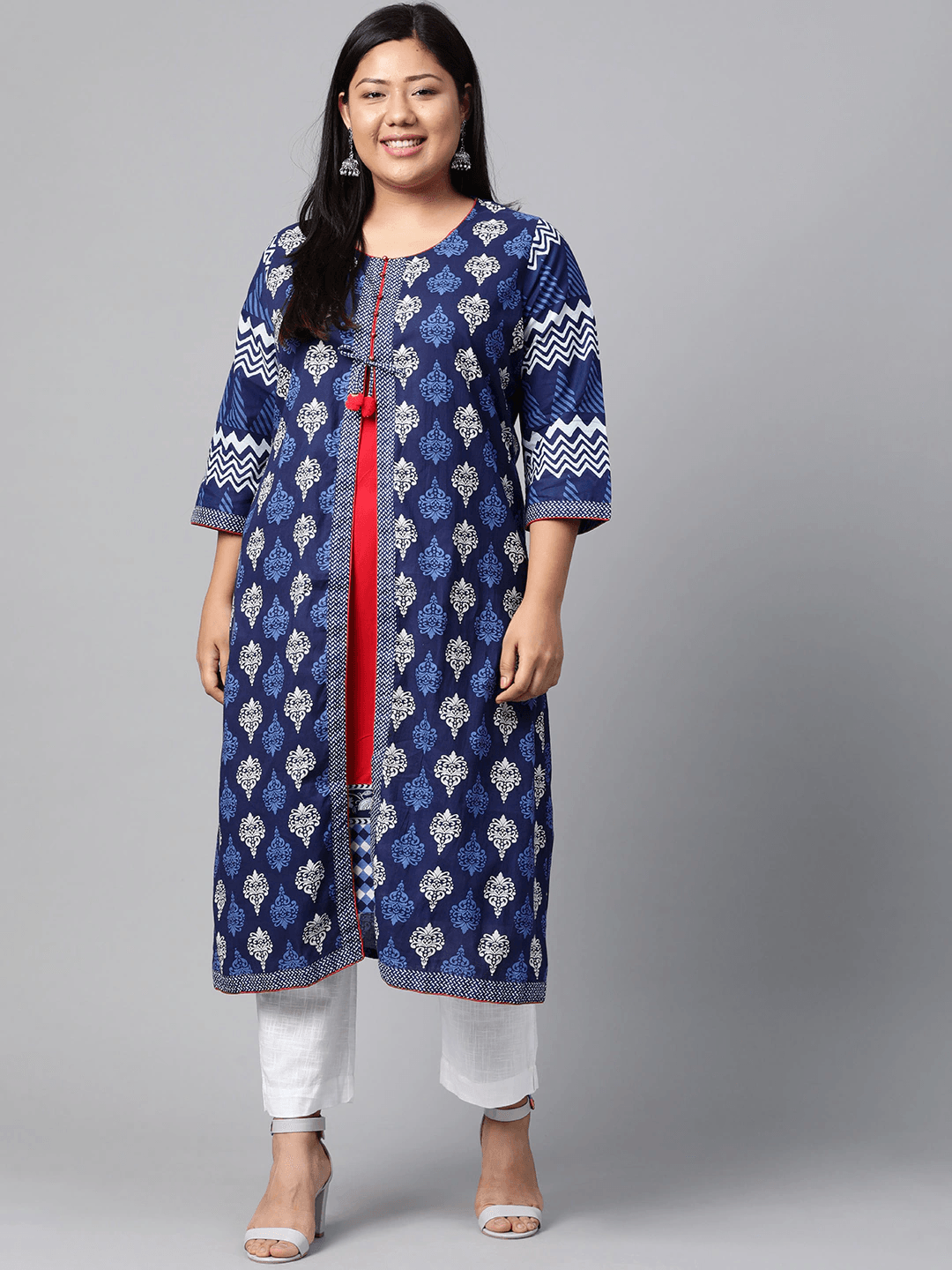 Plus Size Blue Cotton & Rayon A-line Kurti - Jamal Jamaloo