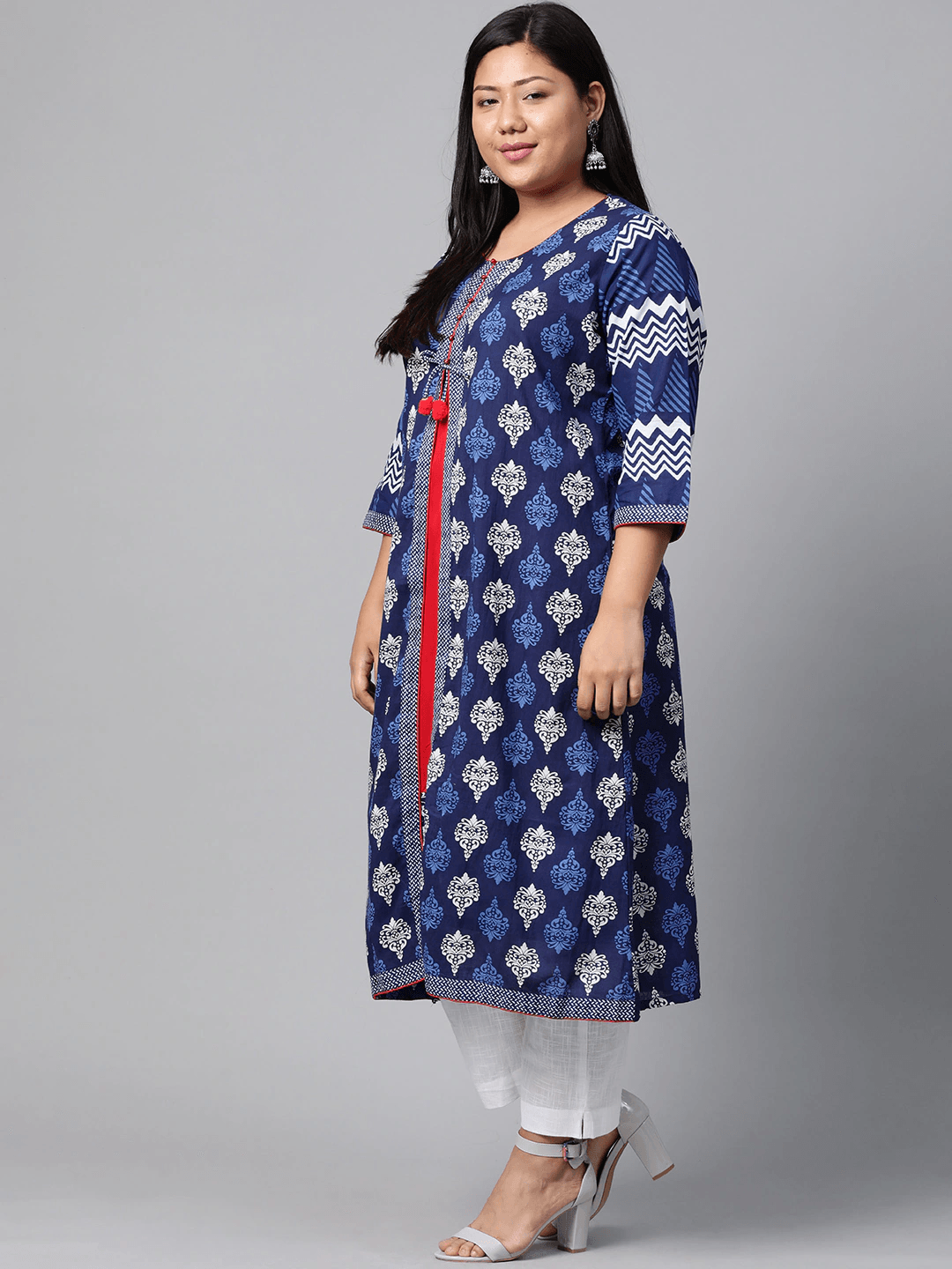 Plus Size Blue Cotton & Rayon A-line Kurti - Jamal Jamaloo