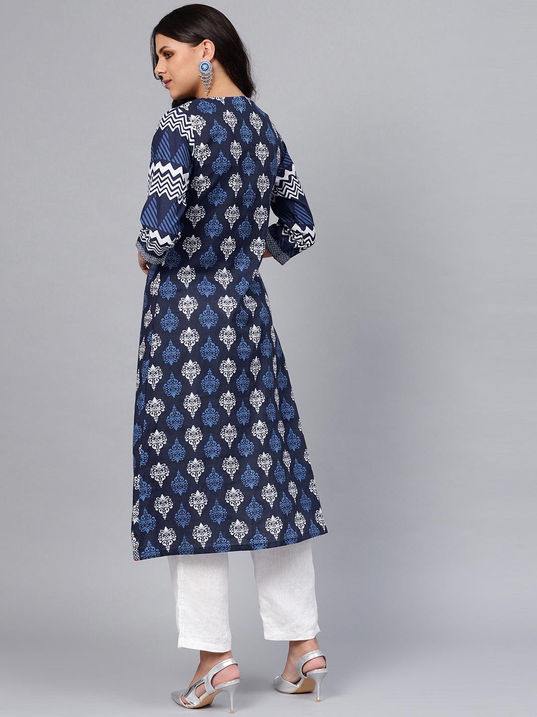 Jamal Jamaloo Blue Cotton & Rayon A-line Kurti - Jamal Jamaloo