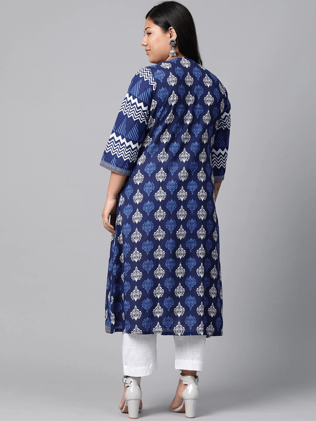 Plus Size Blue Cotton & Rayon A-line Kurti - Jamal Jamaloo