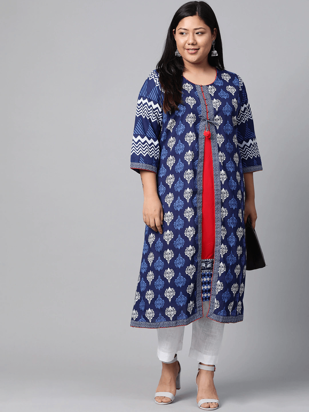 Plus Size Blue Cotton & Rayon A-line Kurti - Jamal Jamaloo