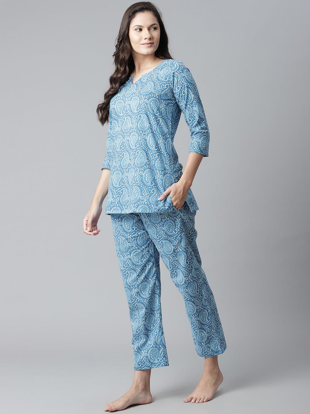 Jamal Jamaloo Blue Printed Cotton Nightwear - Jamal Jamaloo