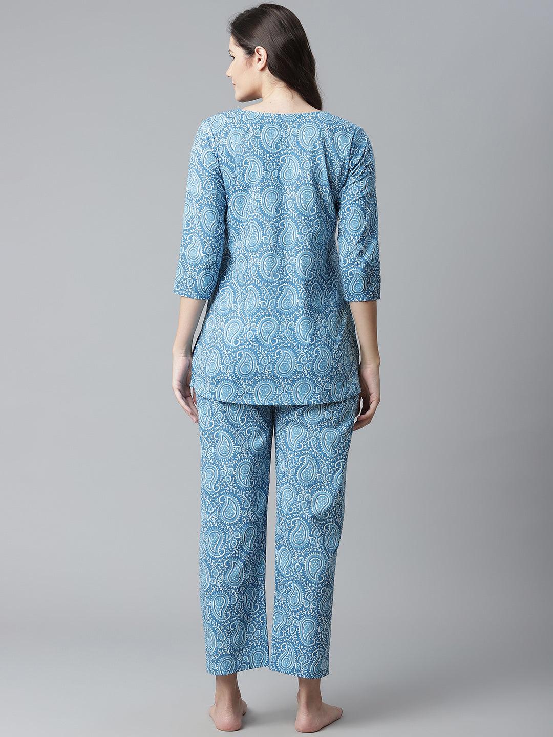 Jamal Jamaloo Blue Printed Cotton Nightwear - Jamal Jamaloo