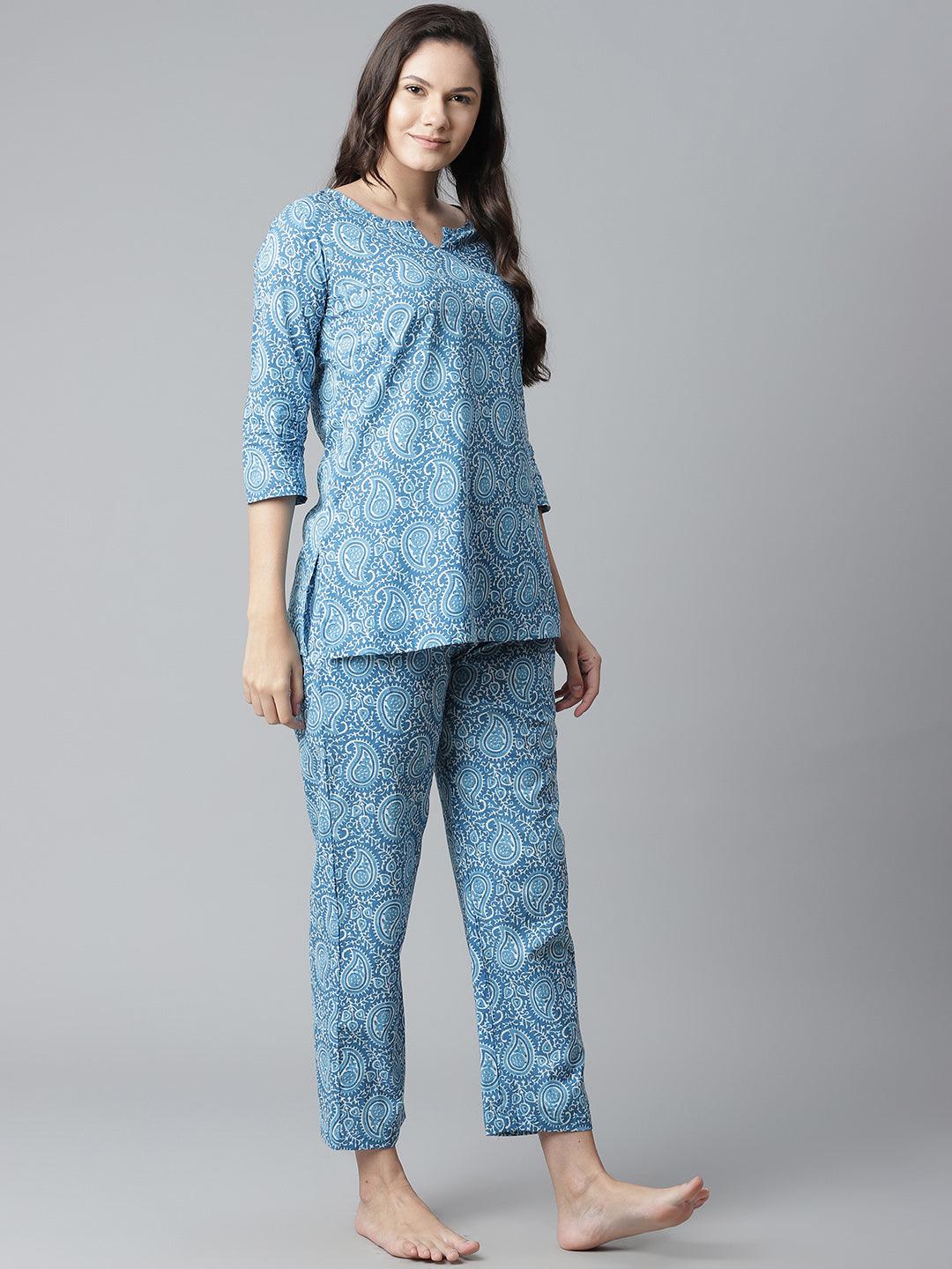 Jamal Jamaloo Blue Printed Cotton Nightwear - Jamal Jamaloo