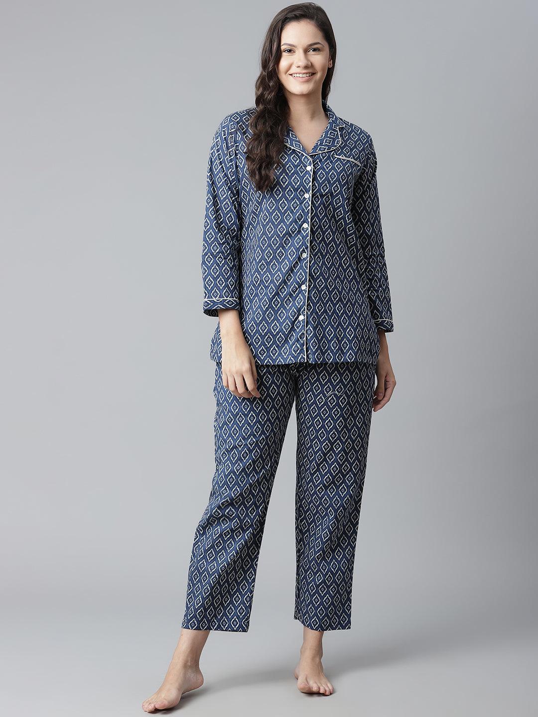 Jamal Jamaloo Indigo Printed Cotton Nightsuit - Jamal Jamaloo