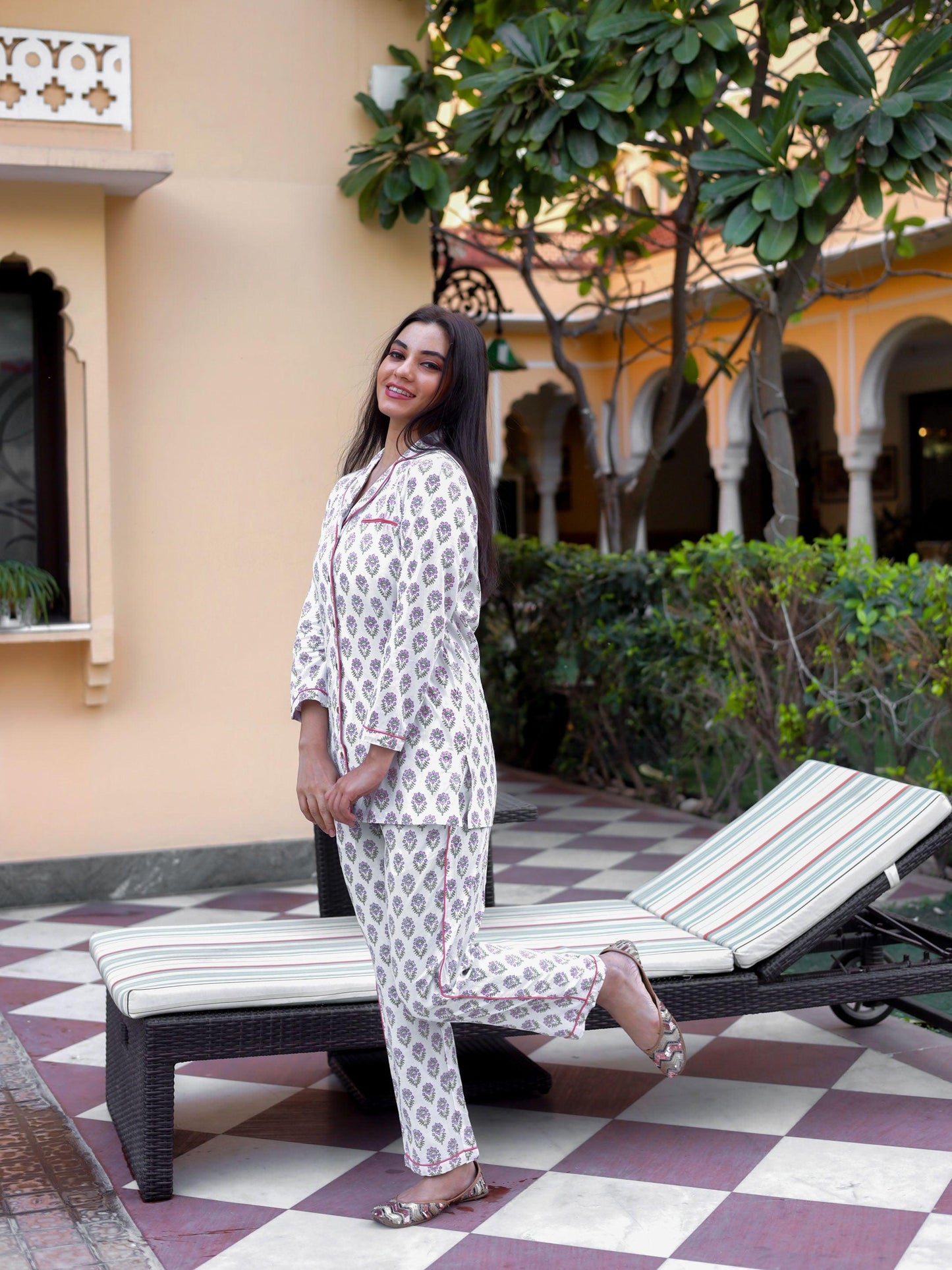 Jamal Jamaloo White Printed Cotton Night Suit - Jamal Jamalooworld.com
