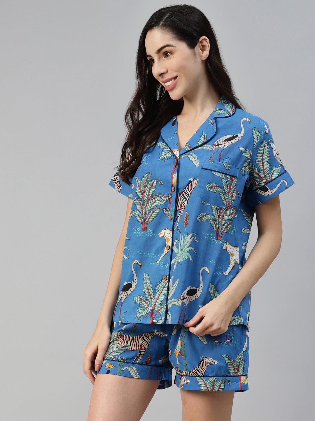 Jamal Jamaloo Teal blue Cotton Animal Print Night suit - Jamal Jamaloo
