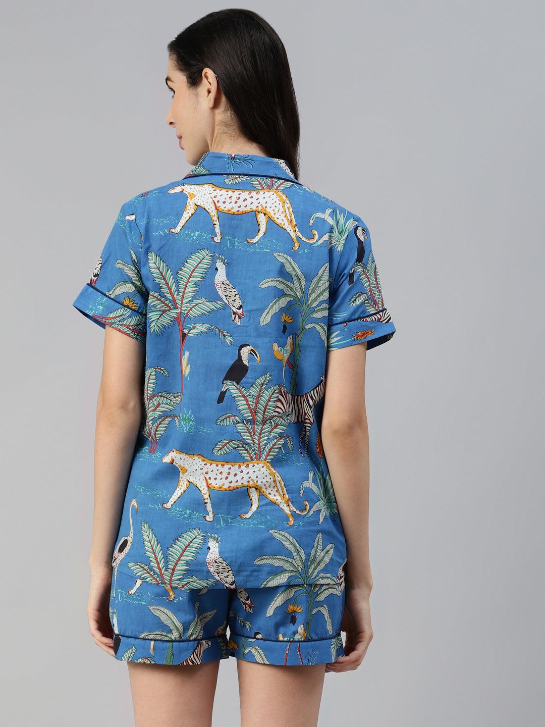 Jamal Jamaloo Teal blue Cotton Animal Print Night suit - Jamal Jamaloo