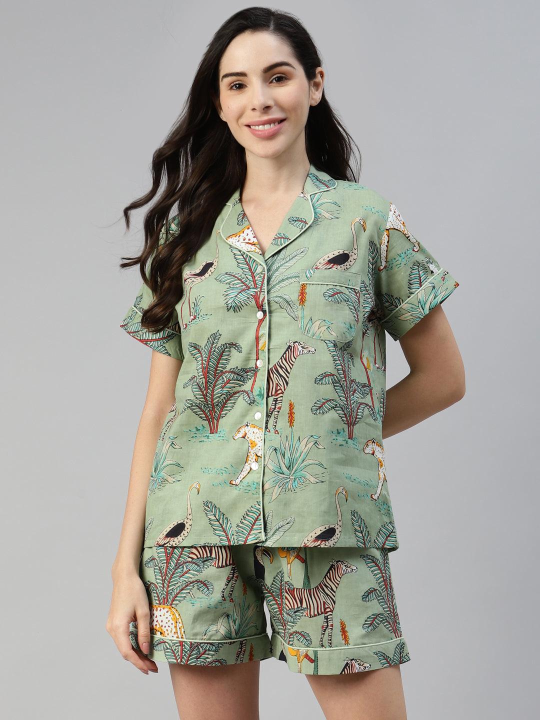 Jamal Jamaloo Sea Green Cotton Animal Print Night Suit - Jamal Jamaloo