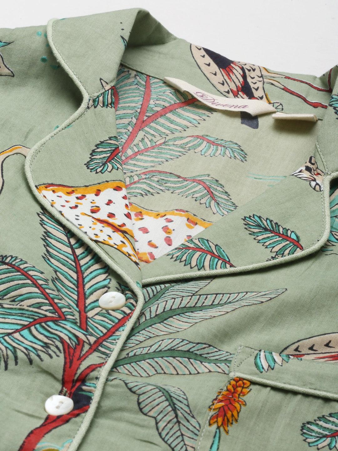 Jamal Jamaloo Sea Green Cotton Animal Print Night Suit - Jamal Jamaloo