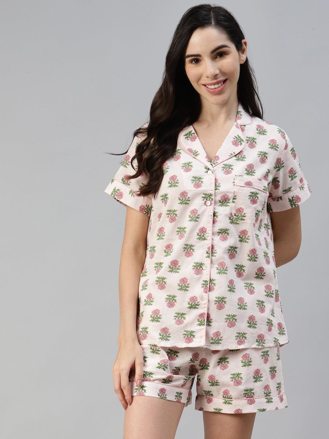 Jamal Jamaloo Baby pink Cotton Floral Print Night Suit - Jamal Jamaloo