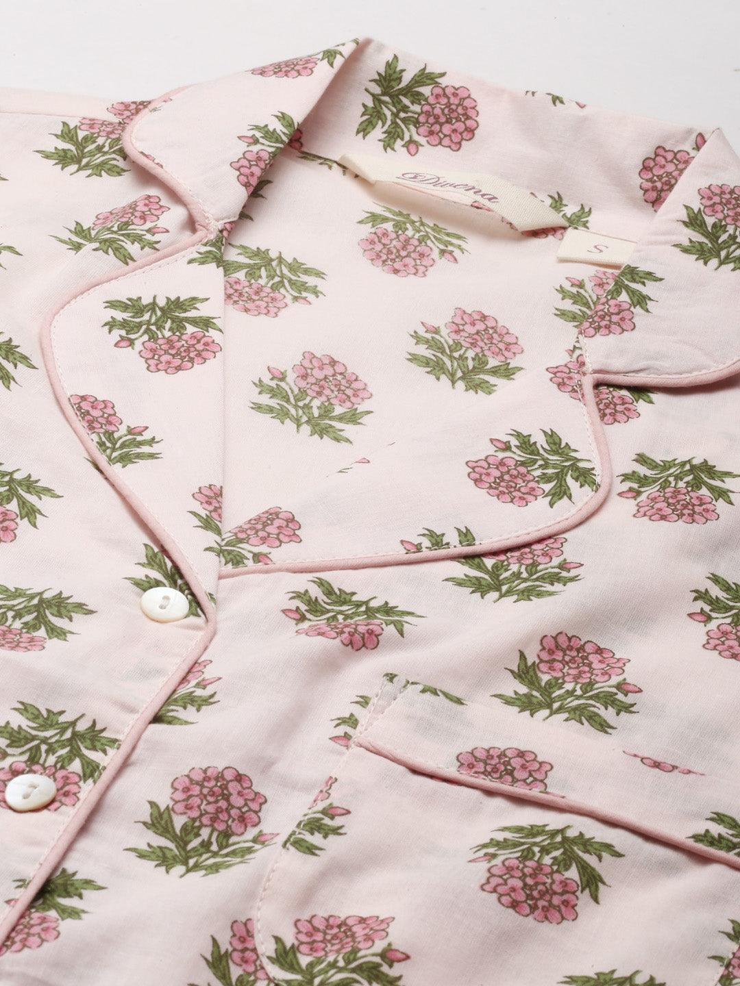 Jamal Jamaloo Baby pink Cotton Floral Print Night Suit - Jamal Jamaloo