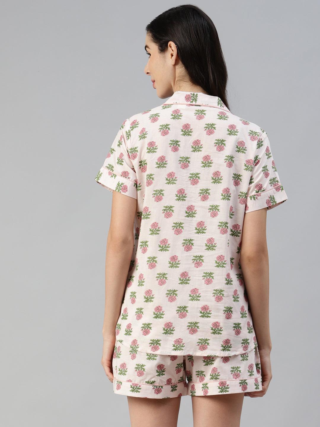 Jamal Jamaloo Baby pink Cotton Floral Print Night Suit - Jamal Jamaloo
