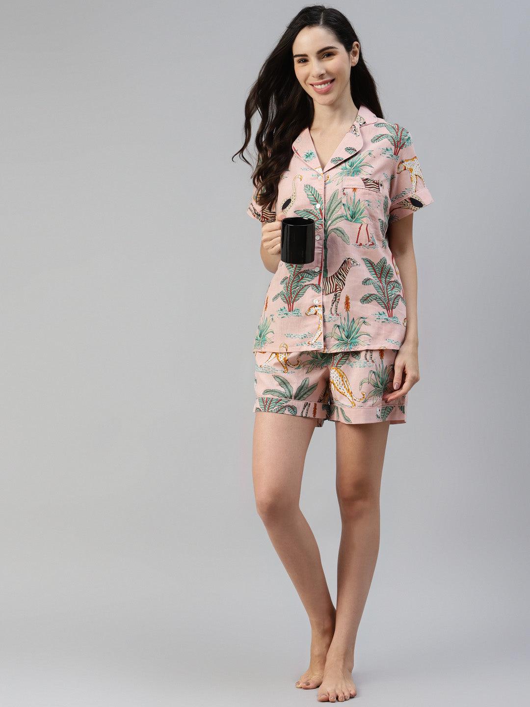 Jamal Jamaloo Pink Cotton Floral Print Night Suit - Jamal Jamaloo