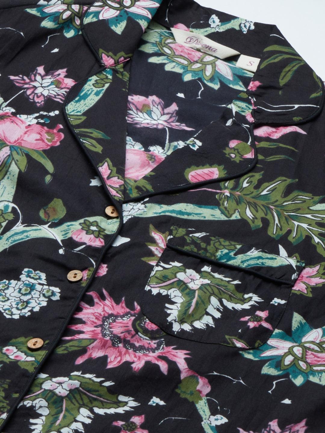 Jamal Jamaloo Black Cotton Floral Print Night Suit - Jamal Jamaloo
