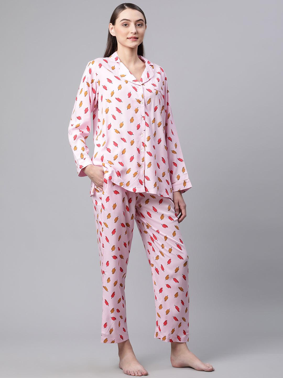 Jamal Jamaloo Jamal Jamaloo Light Pink Rayon Printed Night suit - Jamal Jamaloo