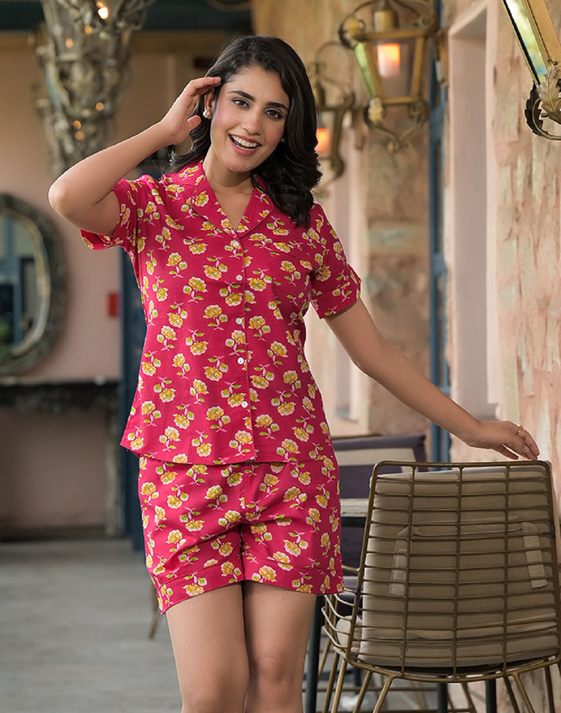 Red Floral Cotton Shirt With Shorts Nightsuit