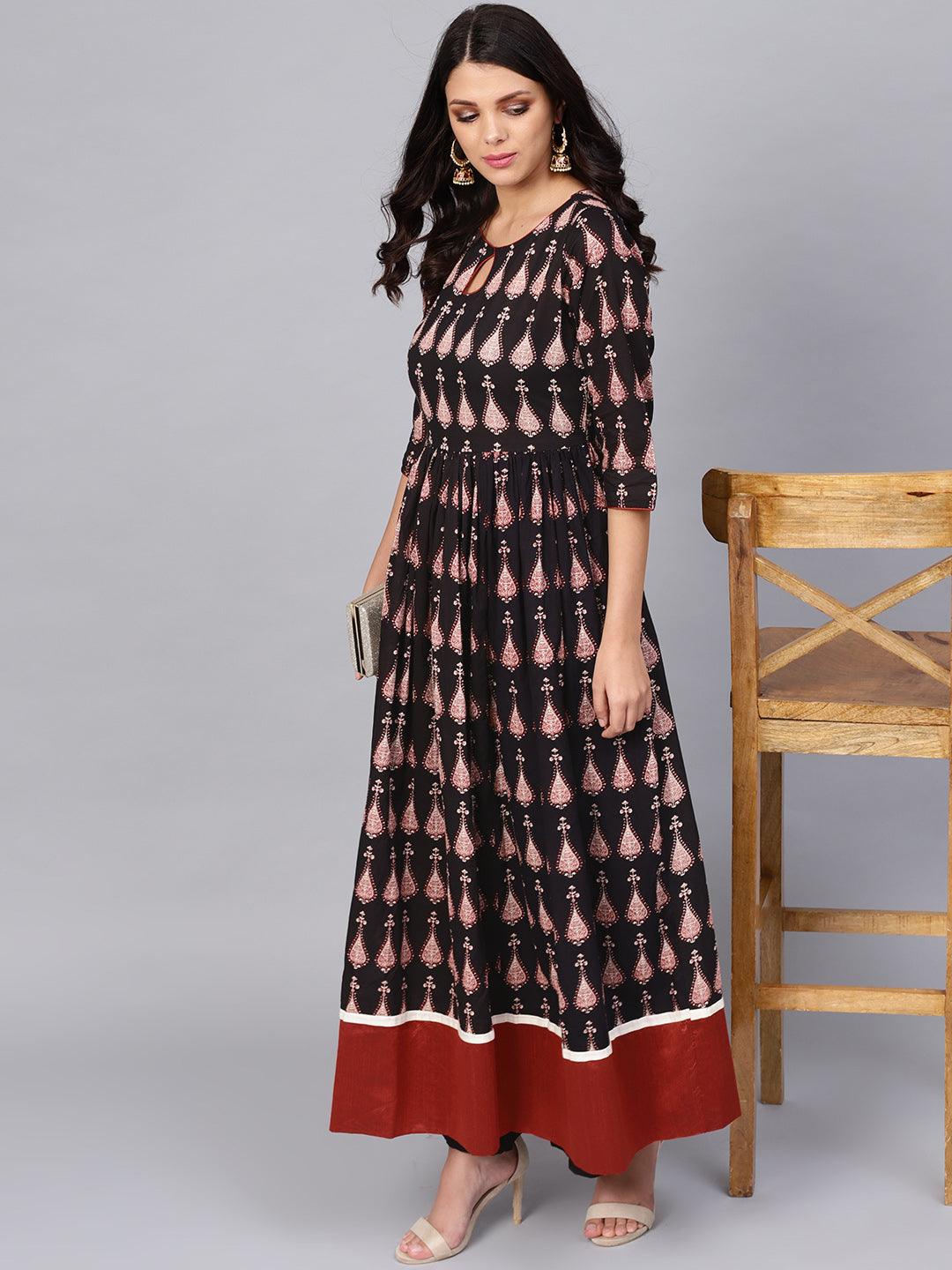 Jamal Jamaloo Black Printed Cotton Floor Length Anarkali Kurta - Jamal Jamaloo