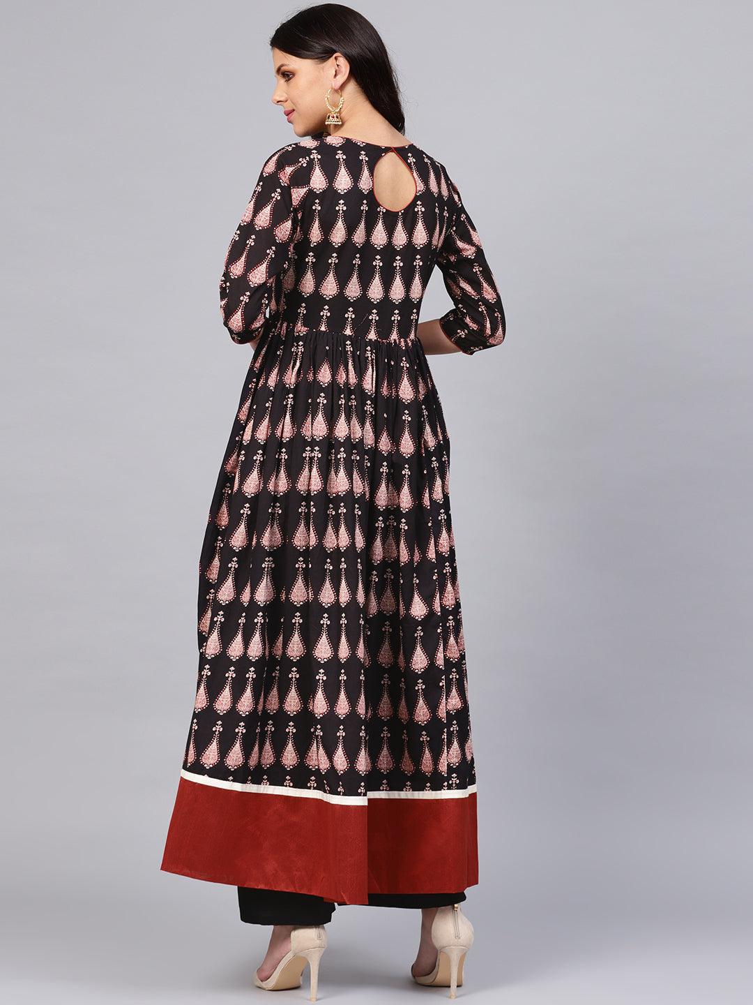 Jamal Jamaloo Black Printed Cotton Floor Length Anarkali Kurta - Jamal Jamaloo