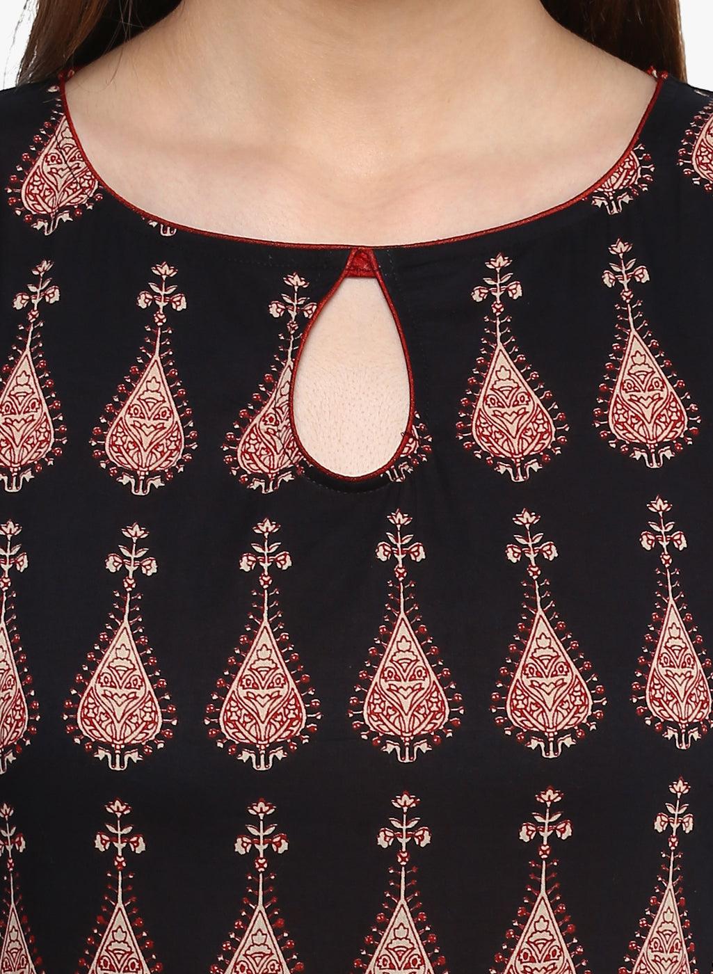 Jamal Jamaloo Black Printed Cotton Floor Length Anarkali Kurta - Jamal Jamaloo