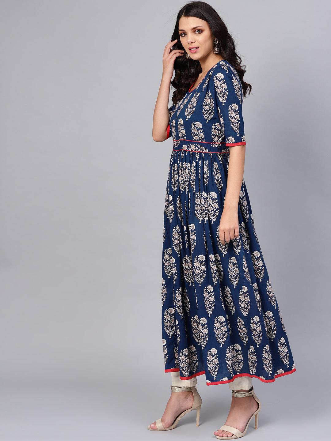 Jamal Jamaloo Royal Blue Printed Floor Length Anarkali - Jamal Jamaloo
