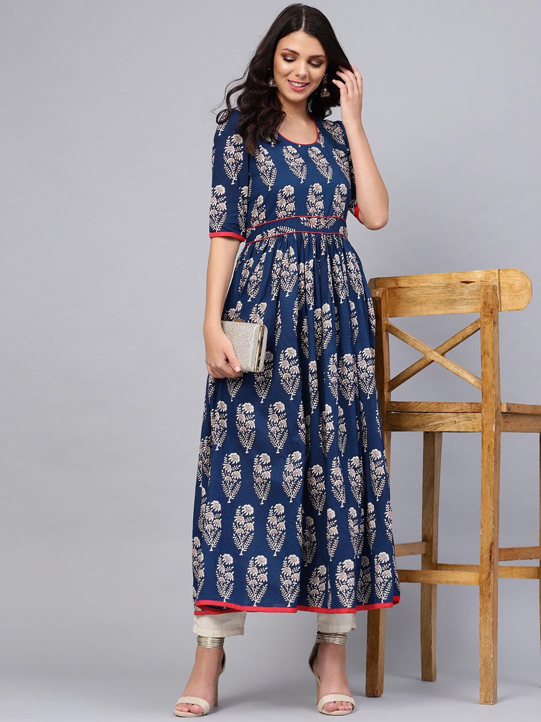 Jamal Jamaloo Royal Blue Printed Floor Length Anarkali - Jamal Jamaloo