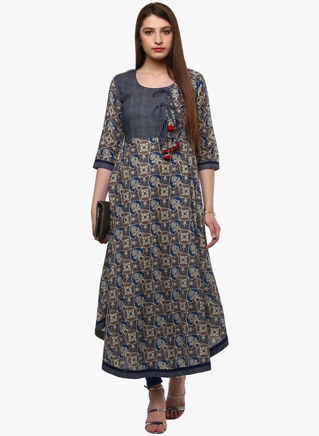 Jamal Jamaloo Blue And Grey Cotton Anarkali - Jamal Jamaloo