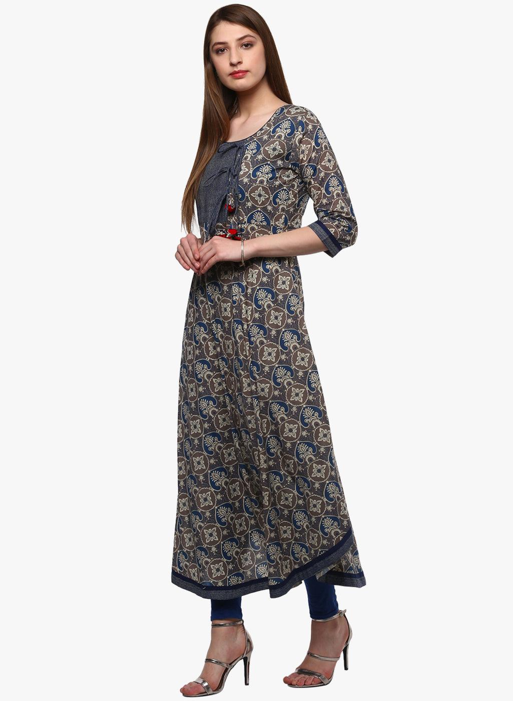 Jamal Jamaloo Blue And Grey Cotton Anarkali - Jamal Jamaloo