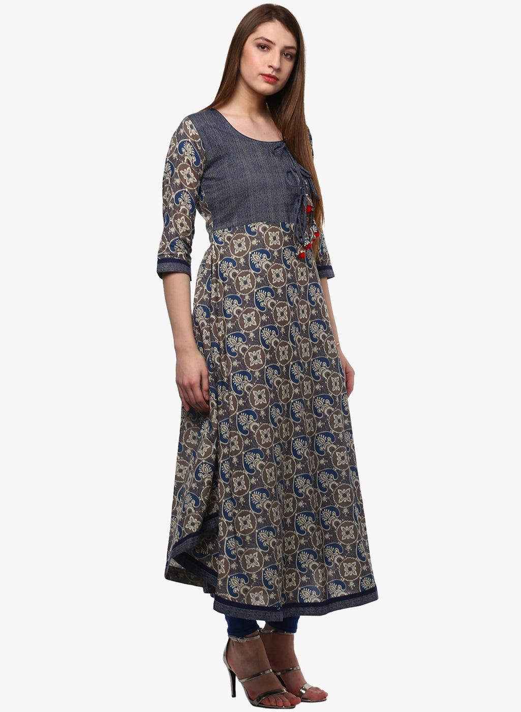 Jamal Jamaloo Blue And Grey Cotton Anarkali - Jamal Jamaloo