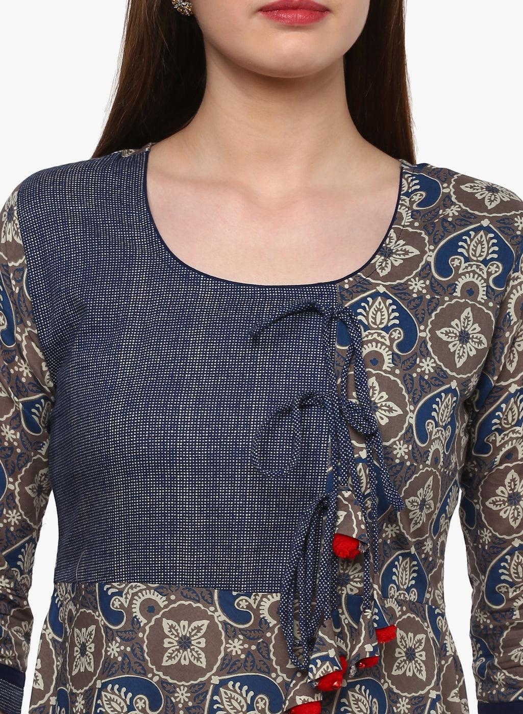 Jamal Jamaloo Blue And Grey Cotton Anarkali - Jamal Jamaloo