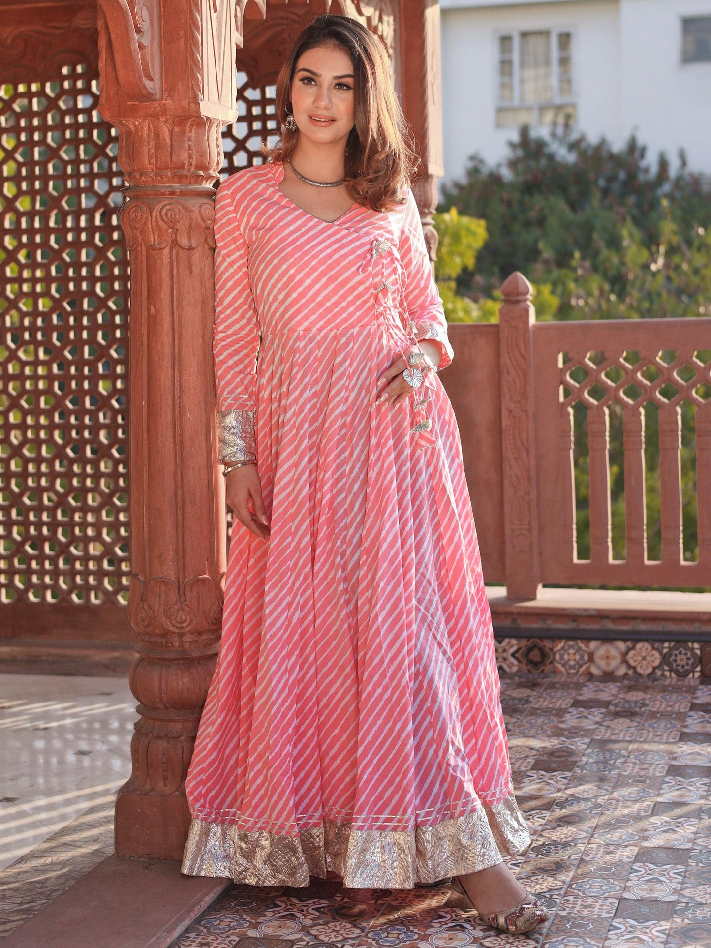 Jamal Jamaloo Pink Leheriya Cotton Anarkali With Copper Lace - Jamal Jamalooworld.com