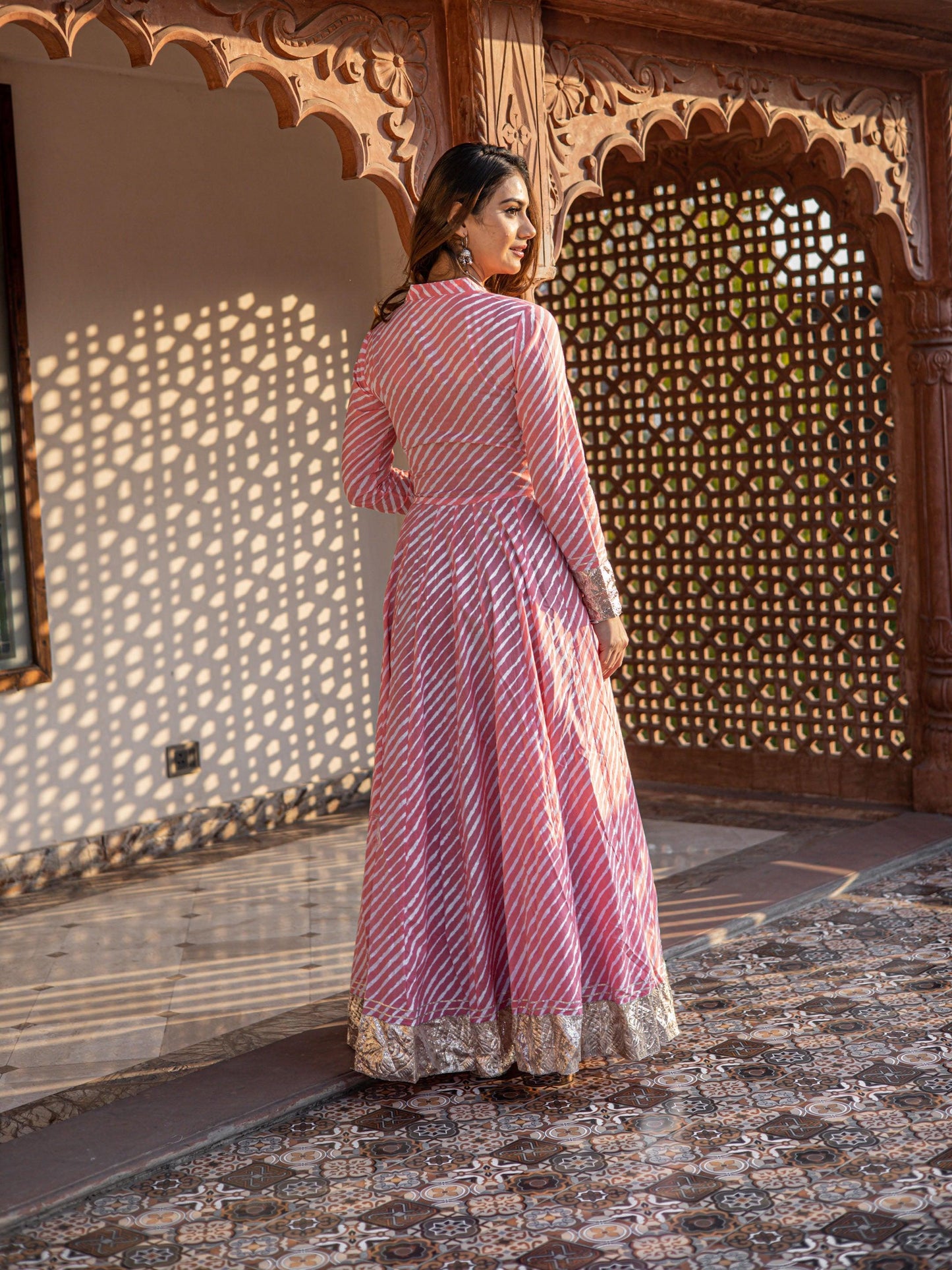 Jamal Jamaloo Pink Leheriya Cotton Anarkali With Copper Lace - Jamal Jamalooworld.com