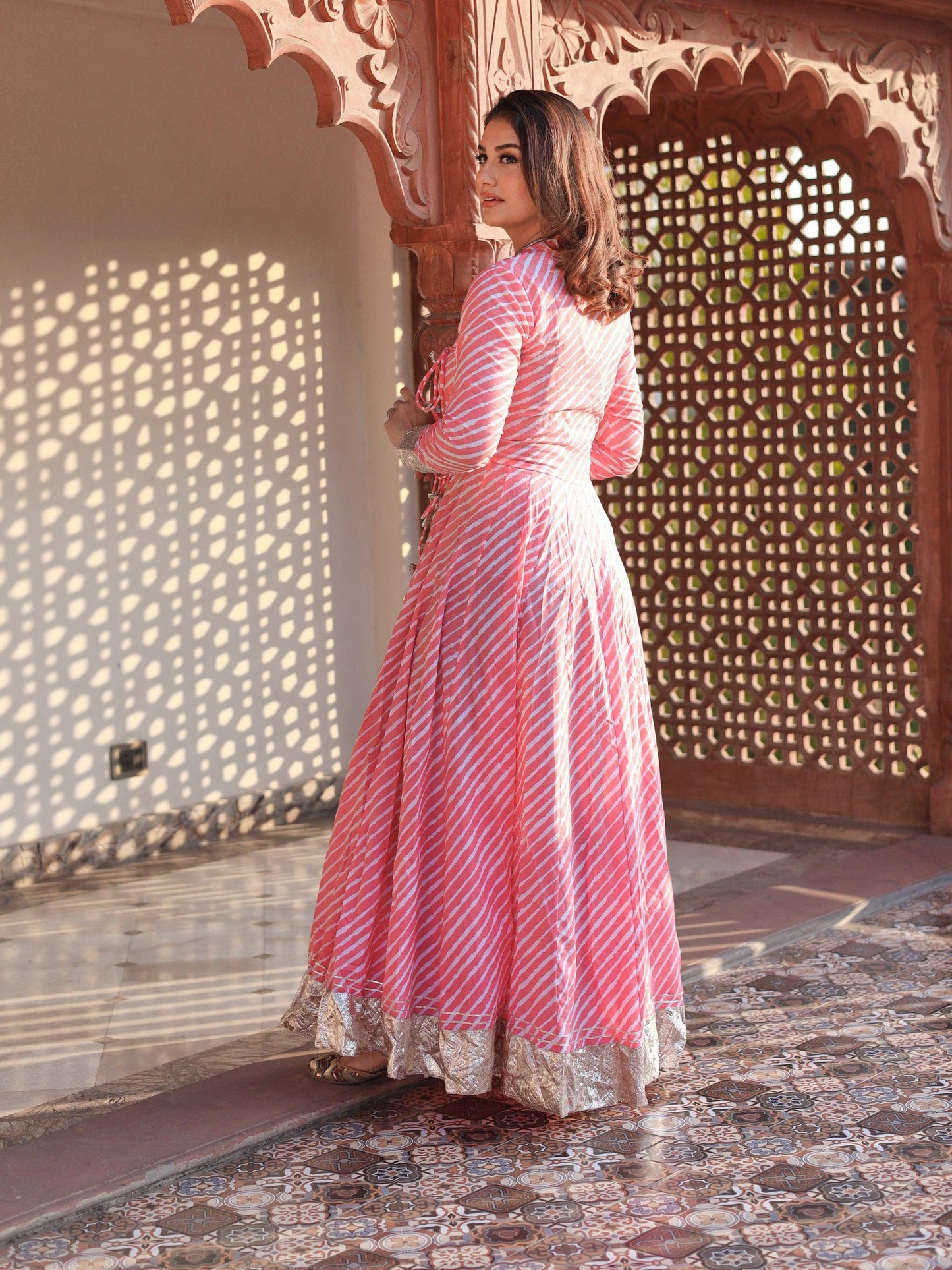 Jamal Jamaloo Pink Leheriya Cotton Anarkali With Copper Lace - Jamal Jamalooworld.com