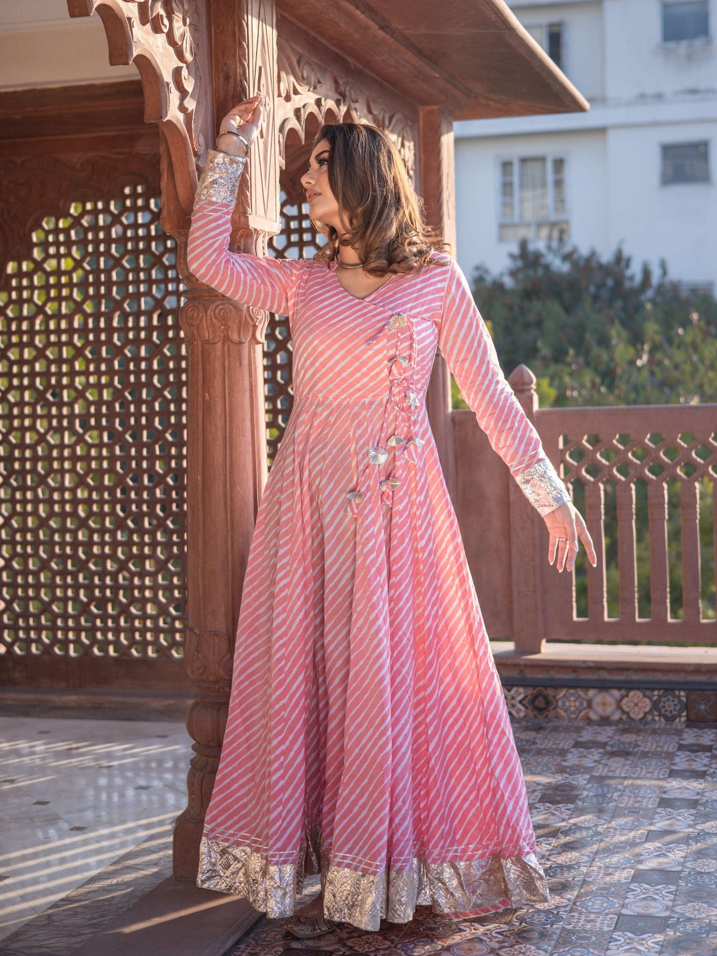 Jamal Jamaloo Pink Leheriya Cotton Anarkali With Copper Lace - Jamal Jamalooworld.com