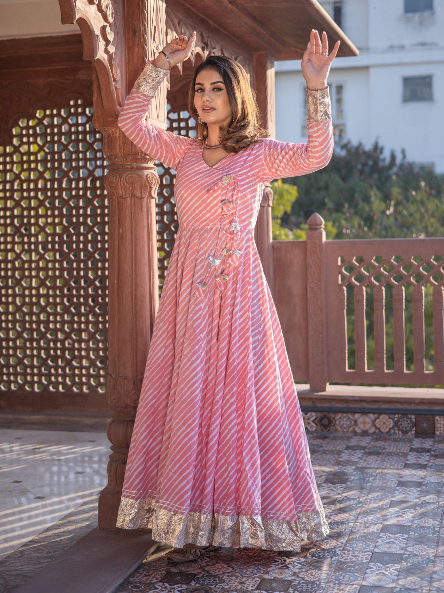 Jamal Jamaloo Pink Leheriya Cotton Anarkali With Copper Lace - Jamal Jamalooworld.com