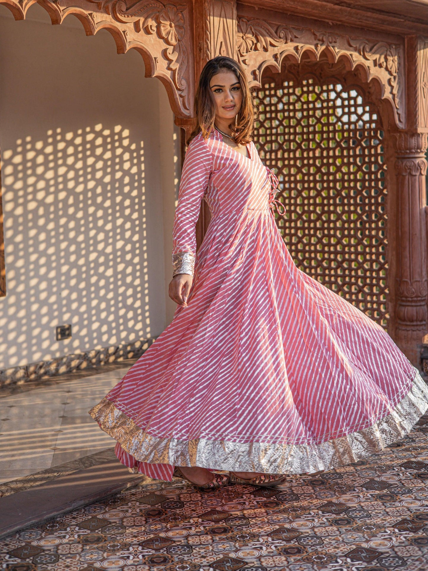 Jamal Jamaloo Pink Leheriya Cotton Anarkali With Copper Lace - Jamal Jamalooworld.com