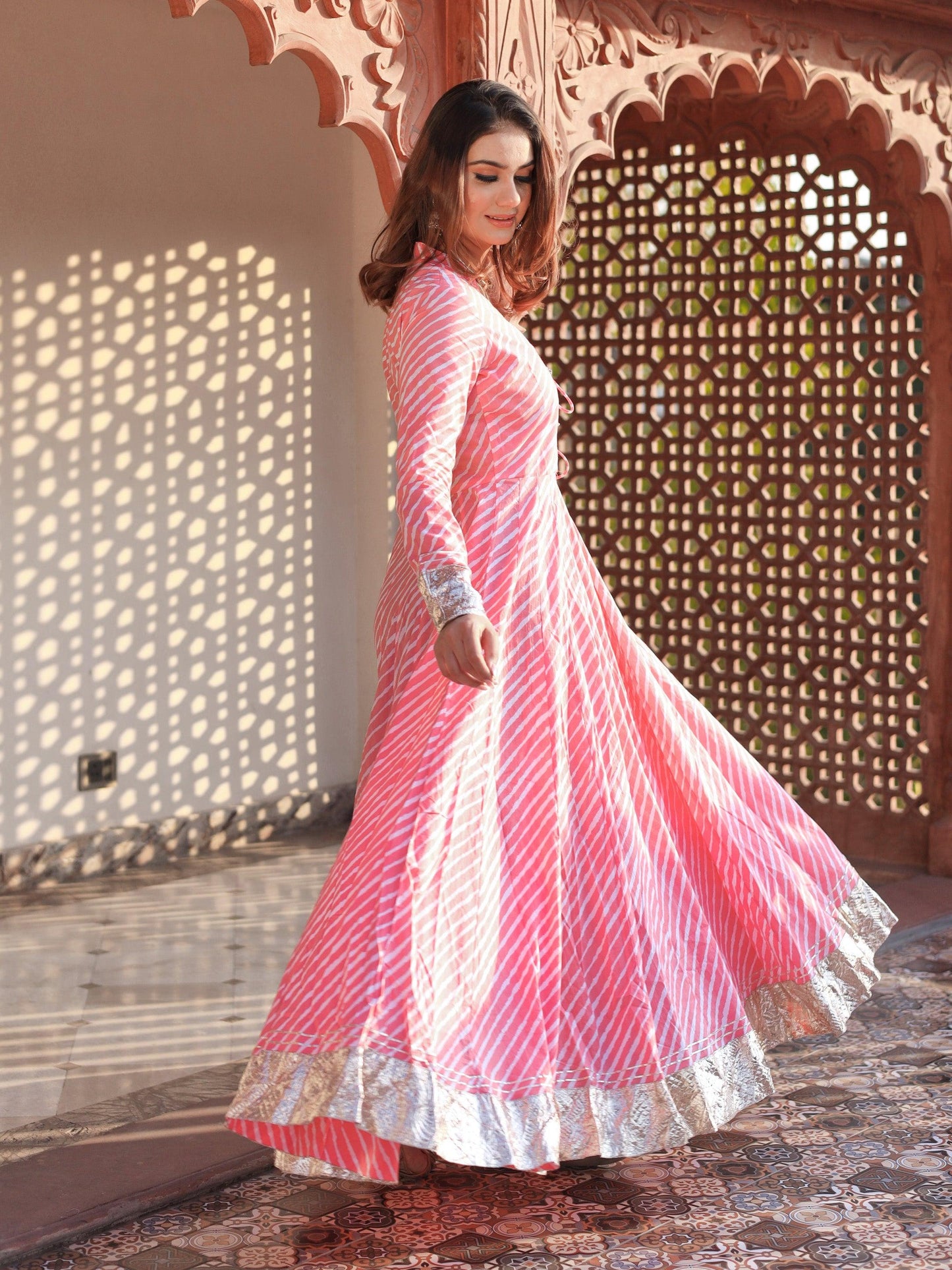 Jamal Jamaloo Pink Leheriya Cotton Anarkali With Copper Lace - Jamal Jamalooworld.com