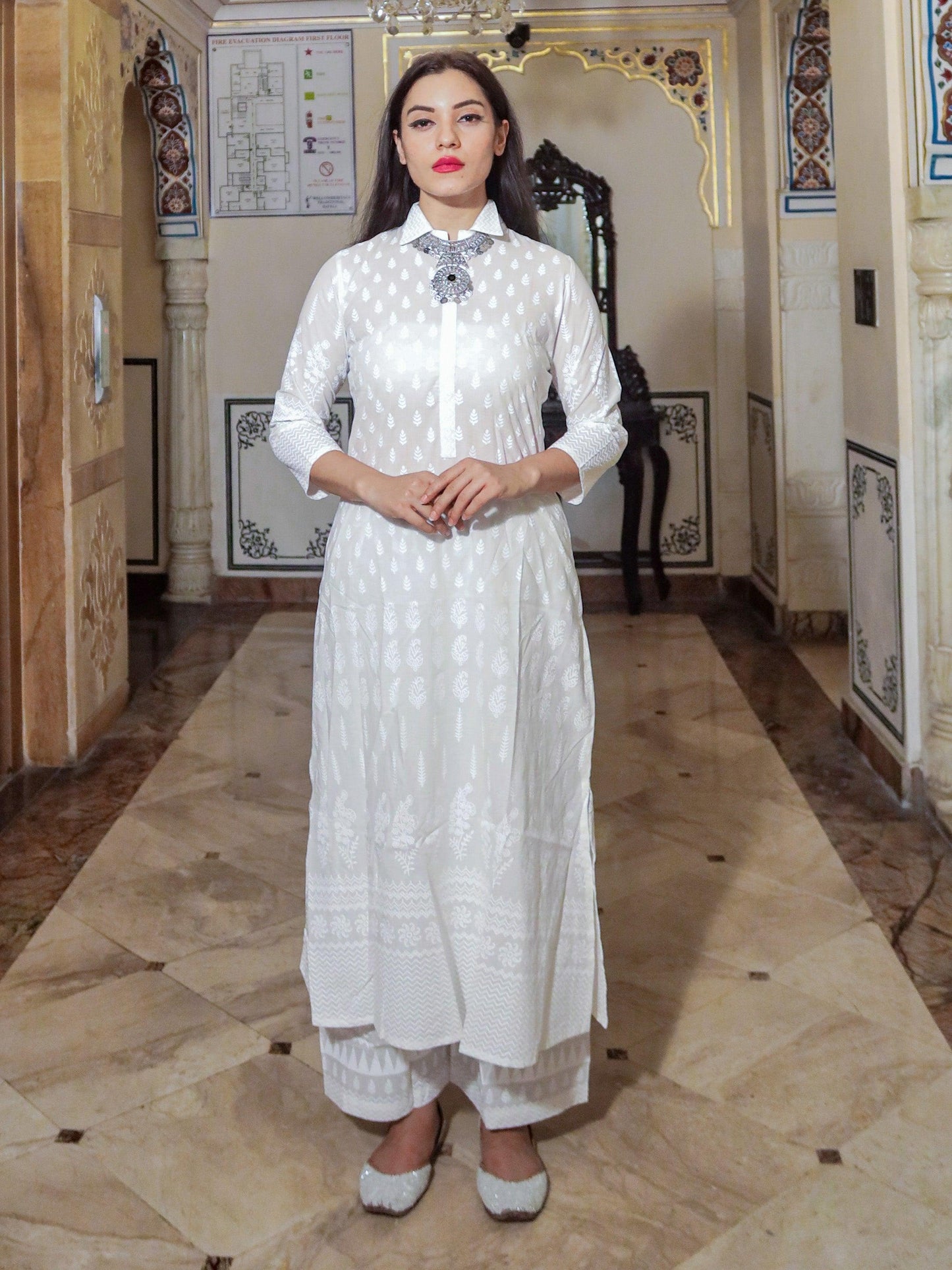Jamal Jamaloo White Printed Cotton Kurti With Palazzo - Jamal Jamalooworld.com