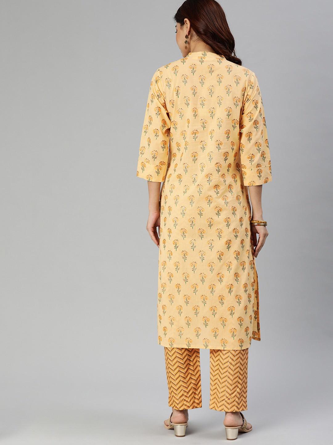 Jamal Jamaloo Yellow Flower Print Cotton Kurta Set - Jamal Jamaloo
