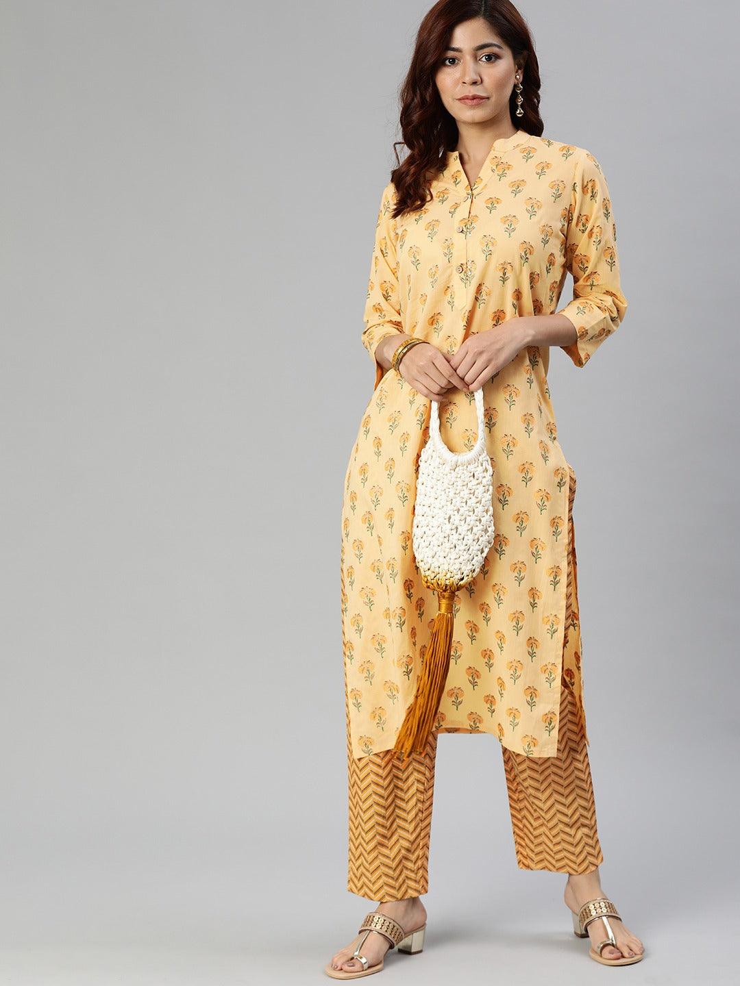 Jamal Jamaloo Yellow Flower Print Cotton Kurta Set - Jamal Jamaloo