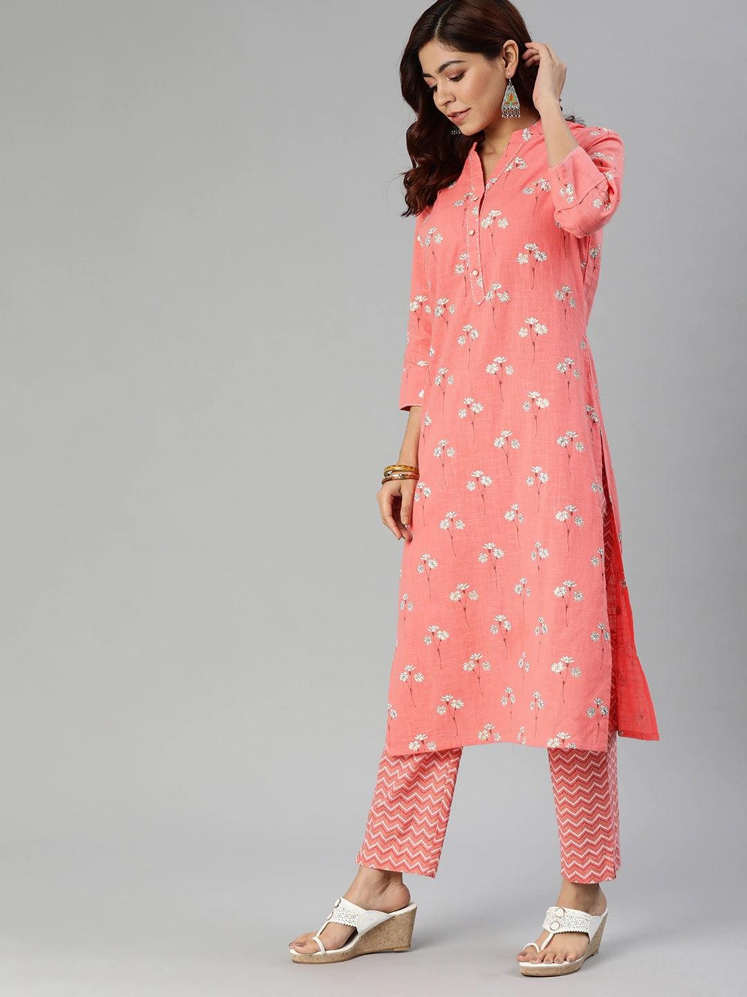 Jamal Jamaloo Pink Flower Print Cotton Kurta Set - Jamal Jamaloo