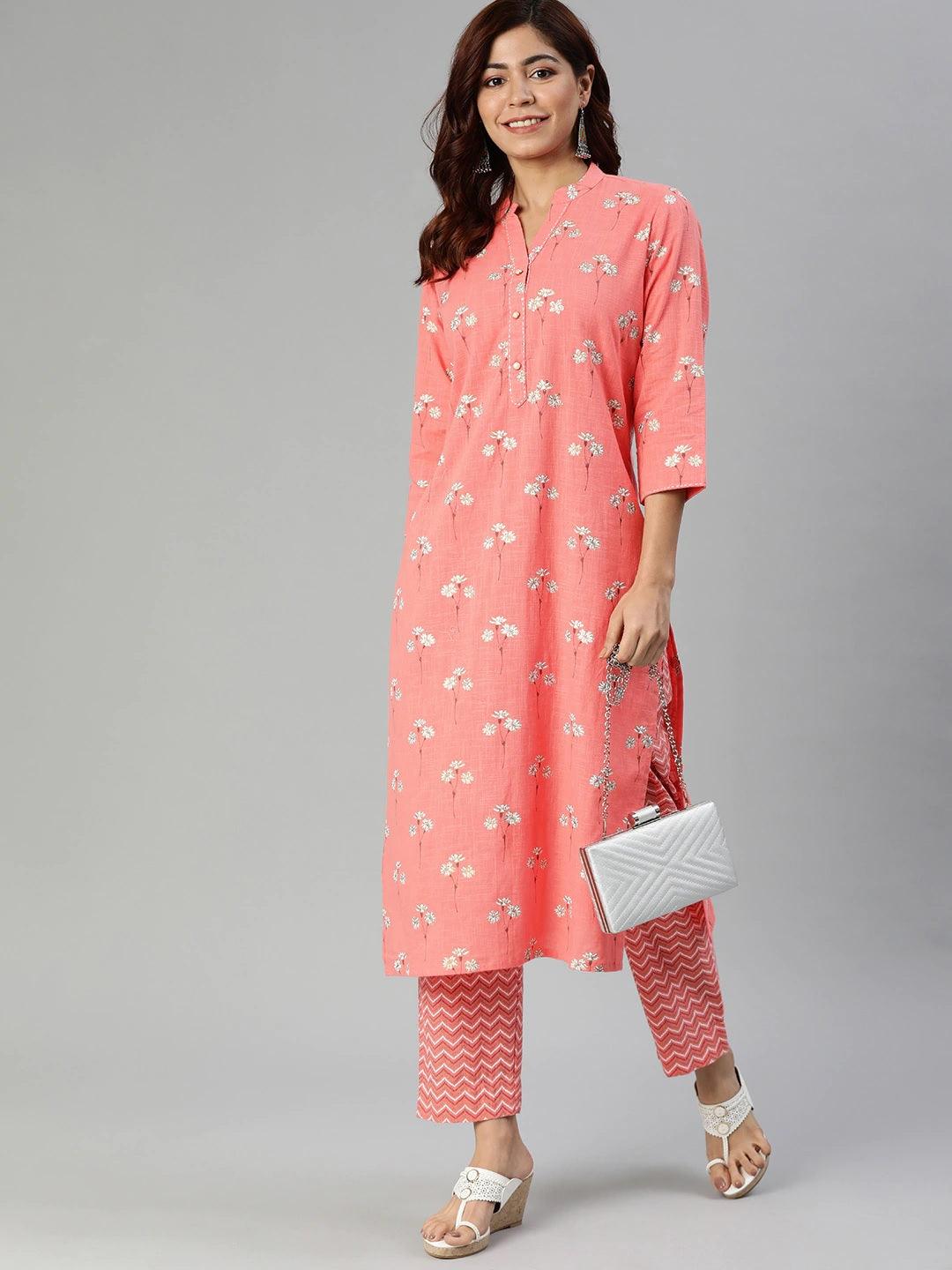 Jamal Jamaloo Pink Flower Print Cotton Kurta Set - Jamal Jamaloo
