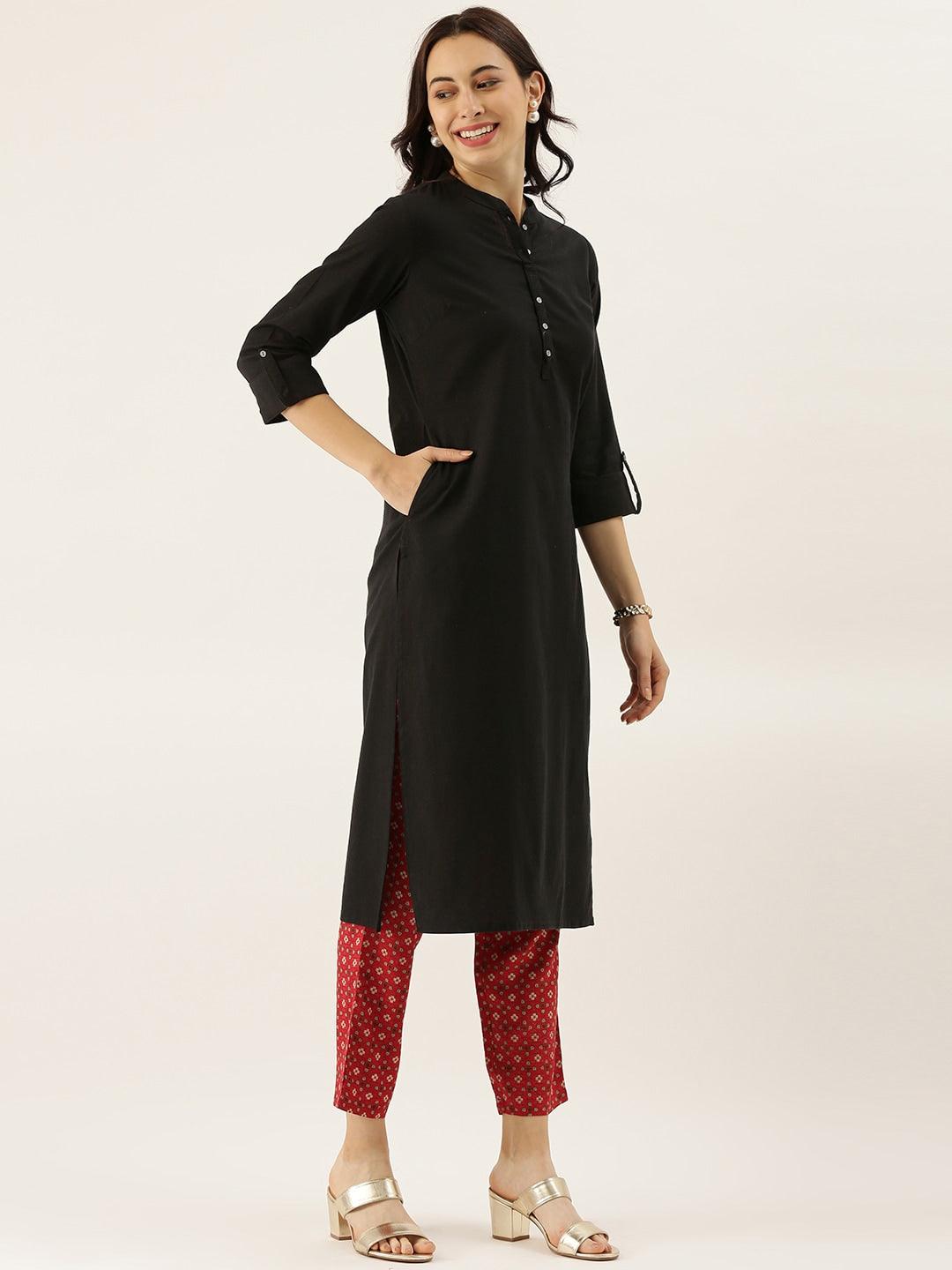 Jamal Jamaloo Black Solid Straight Roll up Kurti - Jamal Jamaloo
