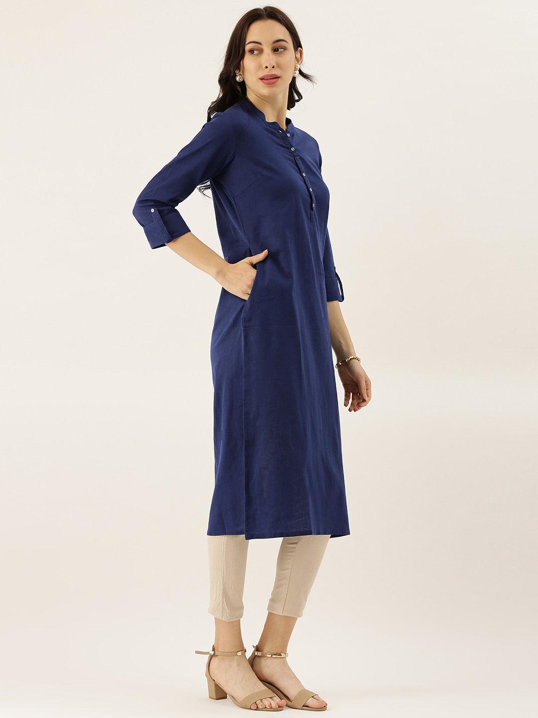 Jamal Jamaloo Blue Solid Straight Roll up Sleeve Kurti - Jamal Jamaloo