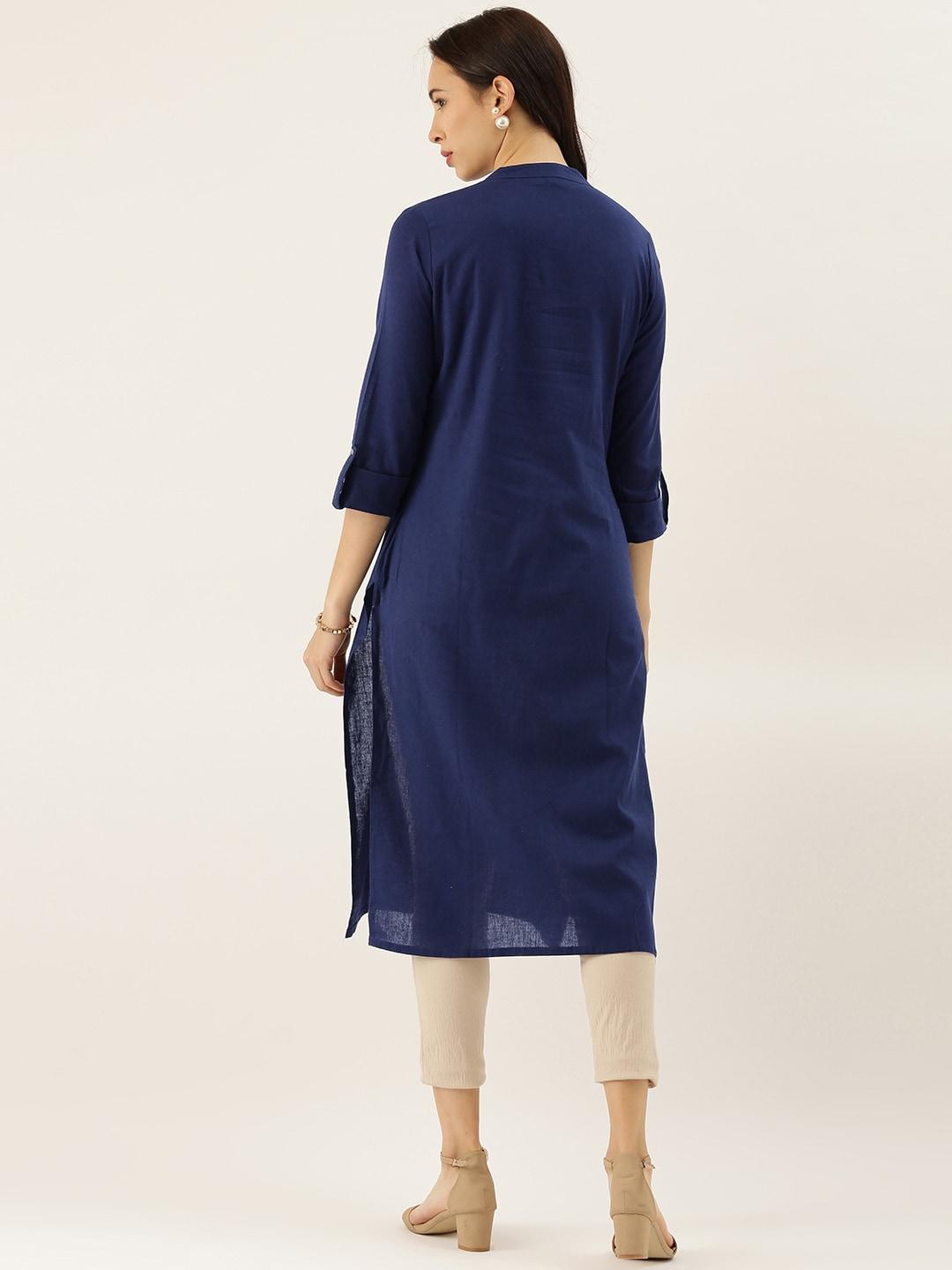 Jamal Jamaloo Blue Solid Straight Roll up Sleeve Kurti - Jamal Jamaloo